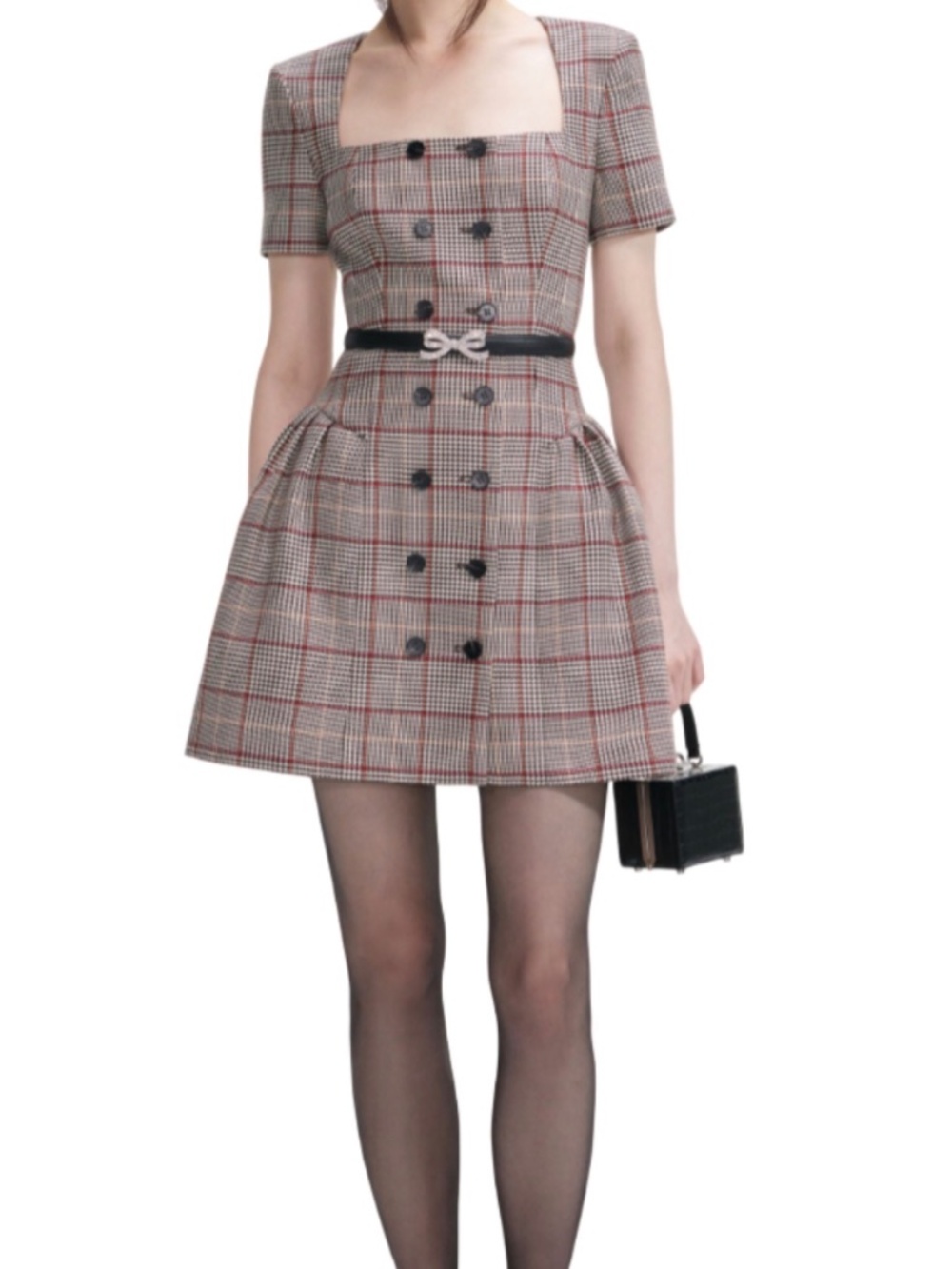 Self Portrait - Plaid Brown Button Mini Dress